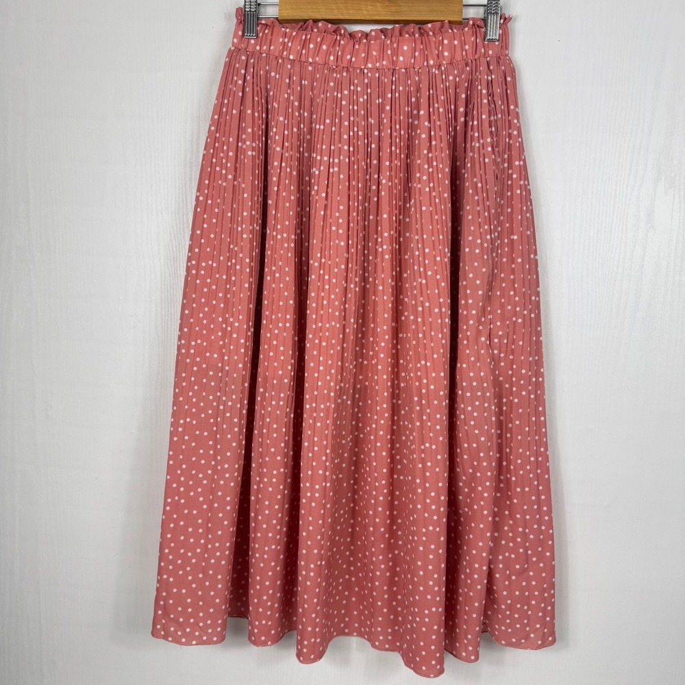 Exlura Women Pink Polka Dot Pleated Midi Skirt Elastic High Waist Pockets Size M - Picture 2 of 11